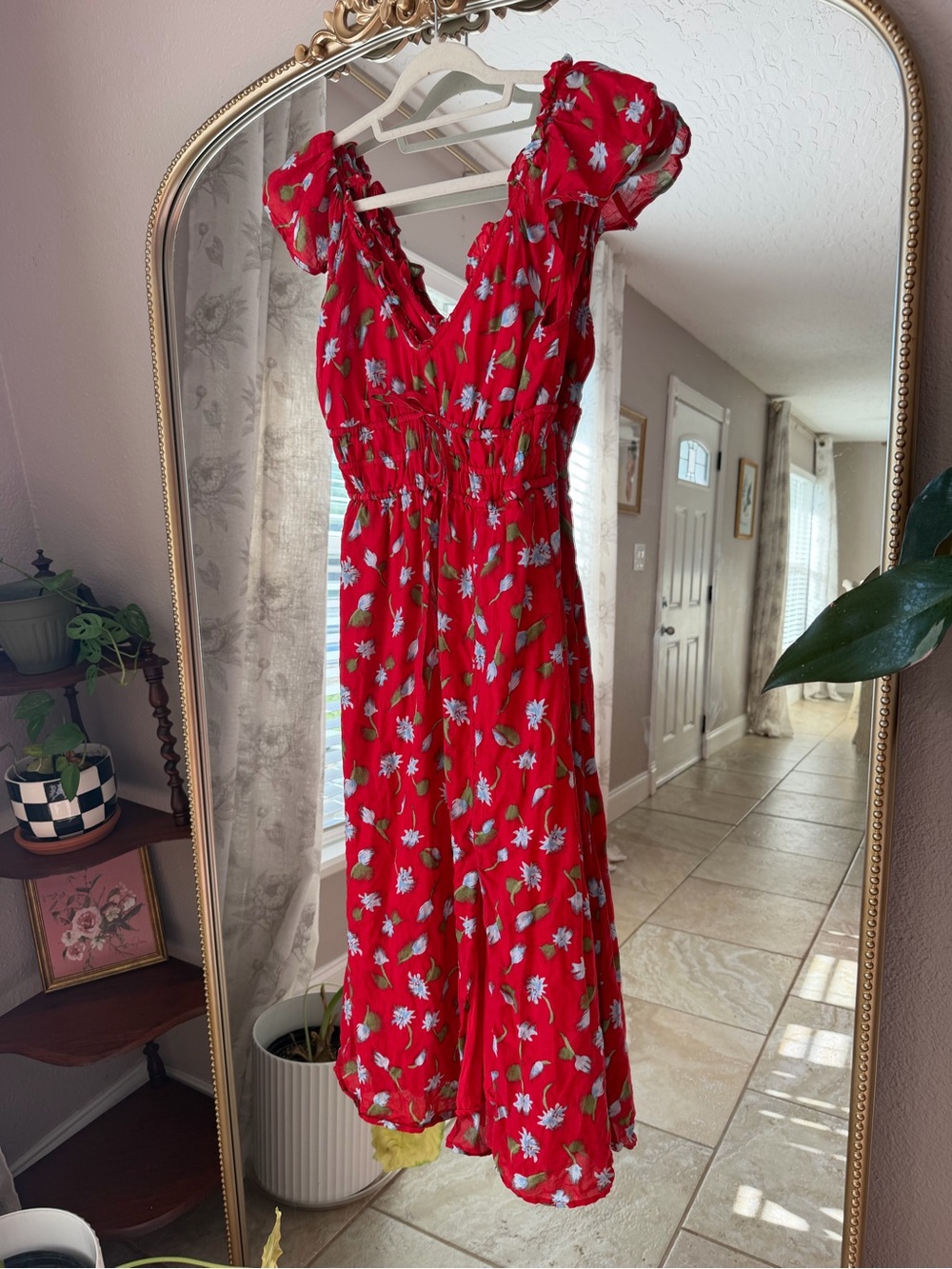 J. Crew Red Floral Maxi Dress with Puff Sleeves